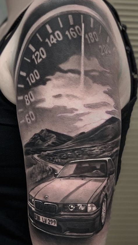 World Best Tattoos Men, Car Guy Sleeve Tattoo, Men’s Car Tattoo, Bmw Tattoos For Men, Muscle Car Tattoo Ideas, Realistic Car Tattoo, Car Idea Tattoos, Mercedes Benz Tattoo Ideas, Mens Car Tattoos