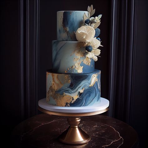 Blue And Gold Fondant Cake, Dark Blue Cake Design, Blue White And Gold Wedding Cake, Navy And Rose Gold Wedding Cake, Blue And Gold Marble Cake, Wedding Cakes Blue And Gold, Gold And Blue Wedding Cake, Wedding Cake Designs Navy Blue, Navy Gold Wedding Cake