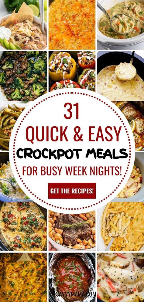 Discover the ultimate guide to stress-free dinners with "31 Quick and Easy Crockpot Meals for Busy Week Nights!" Perfect for families with kids, these easy crockpot dinners are healthy, fast, and delicious. Save time with hearty stews, tasty soups, and mouthwatering mains. Make family dinners a breeze with these simple and nutritious crockpot recipes! Easy Crockpot Lunch Recipes, Crockpot Recipes For Meal Prep, Crockpot Meals For The Week, Easy Weekday Crockpot Meals, Easy Crockpot Family Meals, Easy Crockpot Recipes Family, Crock Pot Quick Meals, Crockpot Recipes For The Week, 2 Hour Crockpot Meals