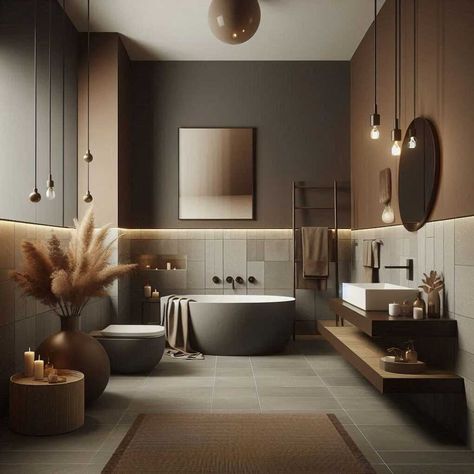 31 Brown Bathroom Ideas: Embrace Earthy Elegance » HomeDecorFull Brown Bathroom Remodel, Moody Masculine Bathroom, Brown And Grey Bathroom, Bathroom With Brown Cabinets, Light Brown Bathroom Ideas, Gray And Beige Bathroom, Mocha Bathroom, Neutral Bathroom Ideas Earth Tones, Beige And Black Bathroom