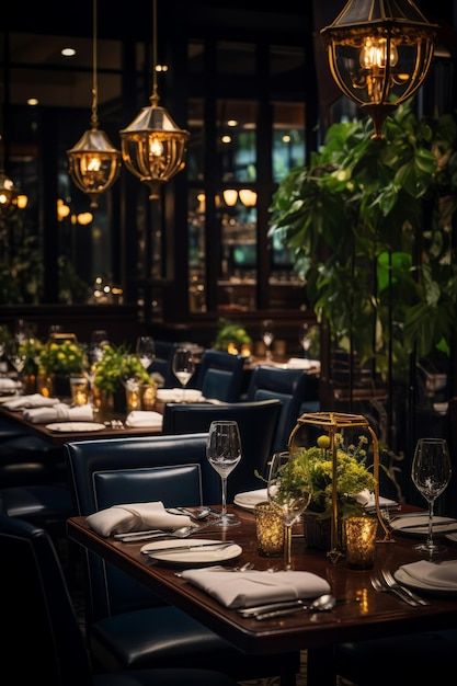 Elegant restaurant interior with dark wood tables and chairs green plants and glowing lanterns | Premium AI-generated image Restaurant Table Decor Ideas, Dark Restaurant Interior Design, Fine Dine Restaurant Interior, Dark Green Restaurant, Dark Restaurant Interior, Lounge Restaurant Design, Green Restaurant Interior, Dark Restaurant Aesthetic, Elegant Restaurant Interior Design