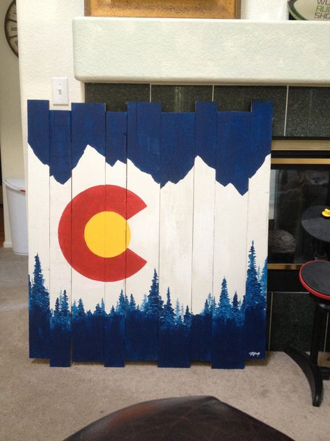 These are custom, hand painted, wood pieces that i make and sell. Mountain and tree Colorado flag design. Email jfrance2@gmail.com for more information and pricing.  Flag, mountains, co, Colorado, art, paint, pallet, wood, craft, custom Colorado Flag Art, Flag Redesign, Colorado Painting, Ram Logo, Flag Emoji, Chile Colorado, Paint Pallet, Colorado Art, Colorado Flag