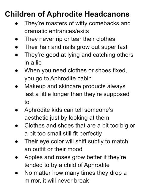 Percy Jackson Heroes of Olympus Rick Riordan Headcanons Child of Aphrodite Cabin 10 demigod abilities goddess fun funny interesting list Child Of Aphrodite Percy Jackson, Pjo Aphrodite Cabin, Shifting To Percy Jackson, Cabin 20 Headcannons, Percy Jackson Gods And Goddesses, Pjo Cabin 10, Aphrodite Cabin Outfits, Percy Jackson Kinnie Bingo, Percy Jackson Cabin Headcanons