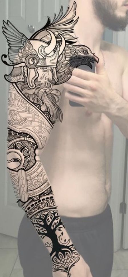 Norse Arm Sleeve Tattoos, Viking Theme Sleeve Tattoo, Unique Tattoo Designs Sleeve For Men, Celtic Filler Tattoo, Celtic Tattoo Sleeve Men, Nordic Full Sleeve Tattoo, Norse Tattoo Sleeve For Men, Viking Sleeve Tattoos For Guys, Nordic Geometric Tattoo