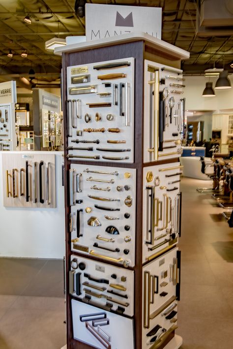 Many style and finish options made just for you. PIRCH showrooms carry a wide variety of cabinet hardware from luxury brands all over the world.  #pirch #cabinet #hardware #accessories #kitchenaccessories #dreamkitchen #showrooms #luxurylifestyle #luxuryhomes #appliances #plumbing #retail #kitchendecor #kitchenremodel #dreamhome #housedesign Office Ideas For Work Business Decor, Interior Shop Display, Shop Counter Design, Modern Apartment Living Room, Showroom Decor, Modern Exterior Doors, Retail Store Interior Design, Wall Tiles Design, Retail Store Interior