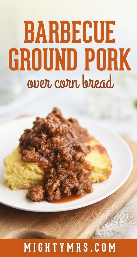 Barbecue Ground Pork over Corn Bread - This simple country style recipe makes a hearty meal in no time flat. The sauce is easy yet homemade better than any store-bought sauce. The corn bread is doctored up to be extra moist and flavorful. Serve with a side of broccoli slaw, mashed potatoes, corn on the cob and/or mac and cheese for a complete southern style dinner! Makes an easy feast so great for serving large crowds. #groundpork #barbecue Cornbread Pie, Ground Pork Recipes, Pork Recipes For Dinner, Broccoli Slaw, Pork Dinner, Barbecue Pork, Soft Foods, Hearty Meal, Corn On The Cob