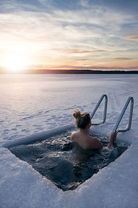 Woman swimming in an ice hole in Finland Finland Travel, Nordic Countries, Travel Goals, Helsinki, Scandinavia, The Snow, Travel Dreams, Europe Travel, Places To See