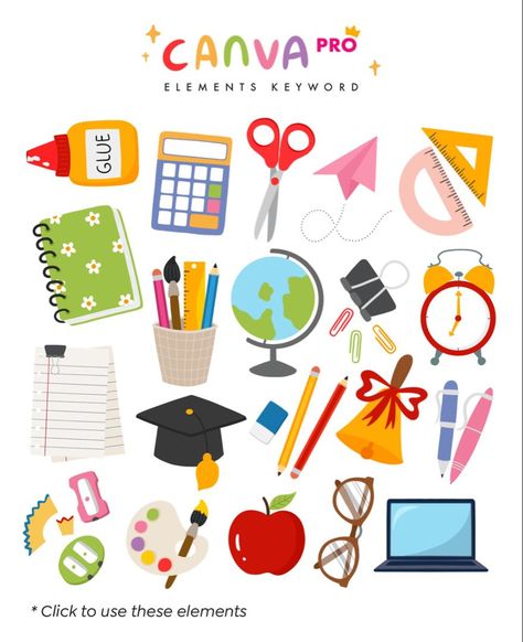 School Supplies Canva Element Idea elements #catelement #canvafireworks Canva Elements For School, Back To School Canva Elements, Canva Elements Keyword School, Canva Teacher Ideas, Canva School Elements, School Supplies Illustration, Canva Secrets, Momo Illustration, Creative School Project Ideas