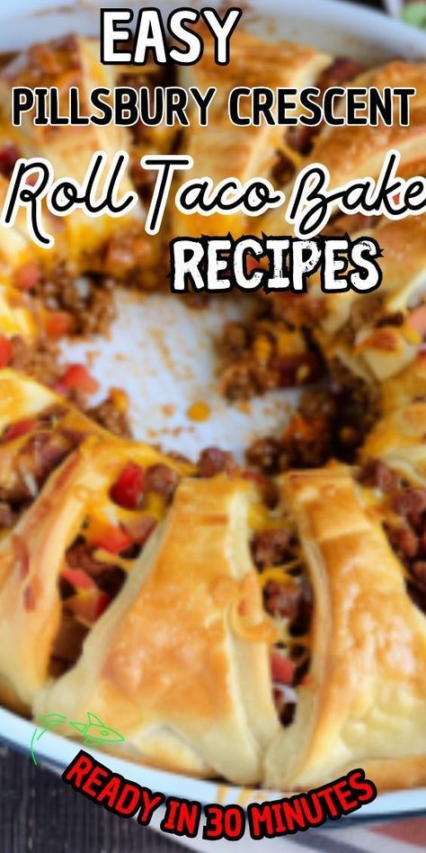 Easy Pillsbury Crescent Roll Taco Bake—a flavorful twist on a classic comfort food favorite. Imagine layers of seasoned ground beef, gooey melted cheese, and zesty taco toppings, all wrapped up in flaky Pillsbury crescent roll dough. Whether served as a quick weeknight meal or as Crescent Roll Taco Bake Recipe, Taco Wreath Crescent Rolls, Beef Crescent Roll Recipes, Dessert Crescent Roll Recipes, Dinner Ideas With Crescent Rolls, Taco Ring With Crescent Rolls, Crescent Rolls Recipes, Crescent Roll Taco, Crescent Roll Taco Bake