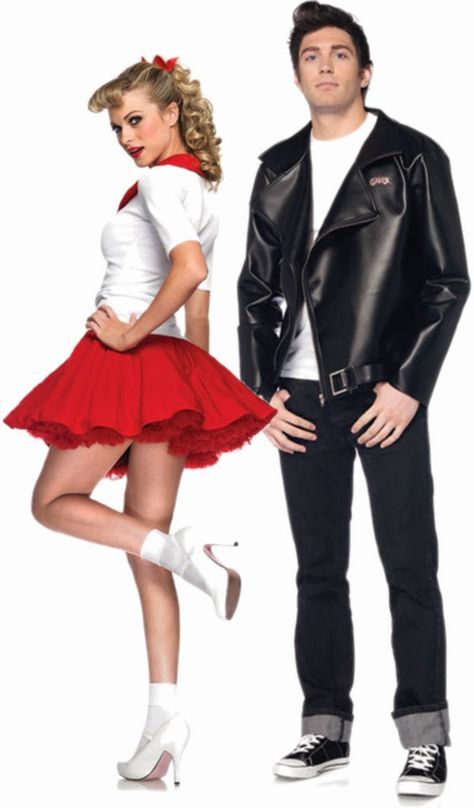 Sandy & Danny; Grease! Sandy And Danny Grease, Danny And Sandy Costumes, Grease Costumes Diy, Grease Couple Costumes, Rock And Roll Costume, Sandy Grease Costume, Danny And Sandy, Grease Halloween Costumes, Sandy Costume