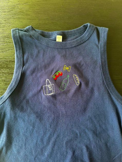 Cool Tank Tops, Tank Top Embroidery, Girly Minimalist, Food Embroidery, Y2k Embroidery, Wine Pasta, Minimalist Food, Minimalist Top, Embroidered Tank Top