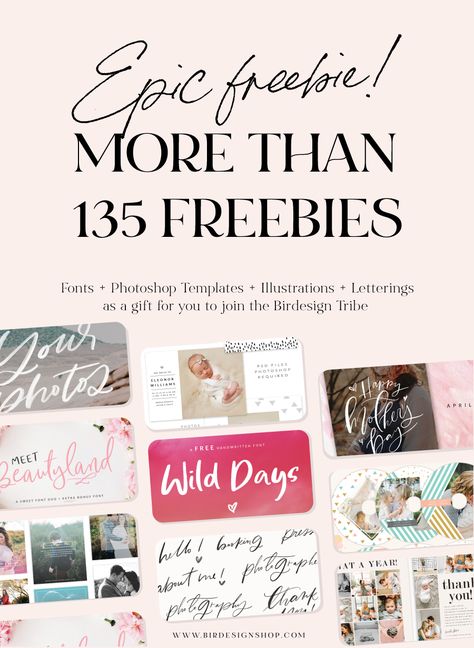 The Epic FREEBIE bundle – Birdesign Free Photography Templates, Photography Freebies, Photoshop Templates Free, Bubble Letter Fonts, Font Bubble, Frames Design, Free Handwritten Fonts, Graduation Templates, Instagram Font