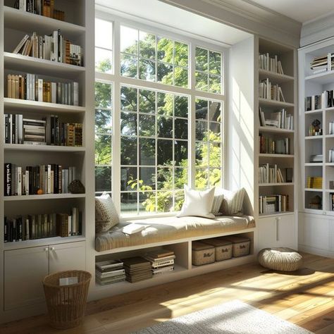 Explore 30 window seat ideas for any room, perfect for adding comfort and charm to your home. Library With Window Bench, Book Shelves Window Seat, Library Window Treatments, Library Wall With Window, Home Library Window Seat, Built Ins Next To Window, Library Around Window, Book Shelves Around Window, Built In Shelves Around Window