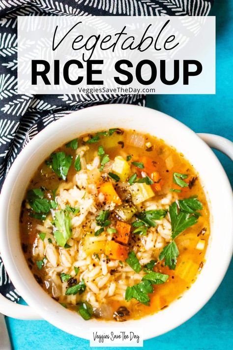 Carrot Rice Soup, Simple Vegetarian Soup Recipes, Vegetable Rice Soup Crockpot, Vegetarian Soup With Rice, Veggie Soup With Rice, Vegetable And Rice Soup, Plant Based Vegetable Soup, Easy Vegetarian Soups, Vegan Rice Soup