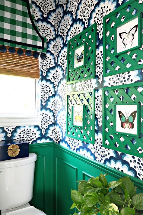 Maximalist Bathroom Decor, Maximalist Bathroom, Dimples And Tangles, Window Cornices, Eclectic Bathroom, Challenge Week, Room Challenge, Granny Chic, Green Bathroom