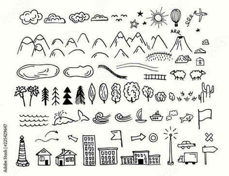 Stock Image: Drawing doodling map elements. Cartoon style collection for create an own unique map. Decorative topography sketch. Doodle Trees, City Map Drawing, Map Elements, Tree Doodle, Map Signs, Map Symbols, Fantasy World Map, Image Film, Unique Maps