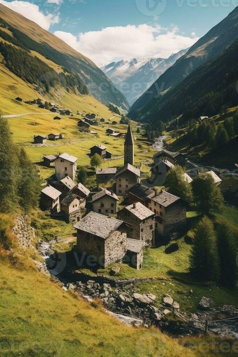 aerial view of Cogne small town in Aosta Valley Italy autumn, Generative AI Aosta Valley Italy, Aosta Italy, Dragon Romance, Aosta Valley, Village Photos, Tiny Village, Environment Design, Aerial View, Small Towns