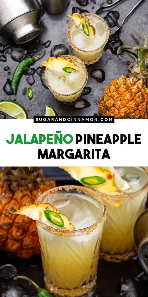 Jalapeño Pineapple Margarita Grilled Pineapple Margarita, Pineapple Jalapeno Margarita, Jalapeño Pineapple, Fall Cocktails Easy, Pineapple Cocktails, Pineapple Margaritas, Spicy Margarita Recipe, Flavored Margaritas, Cranberry Cinnamon