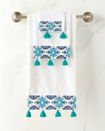 Blue Bath Towels, Embroidered Bath Towels, Blue Shower Curtains, John Robshaw, Hanger Diy, Blue Bath, Blue Face, Boho Bathroom, Towel Hanger