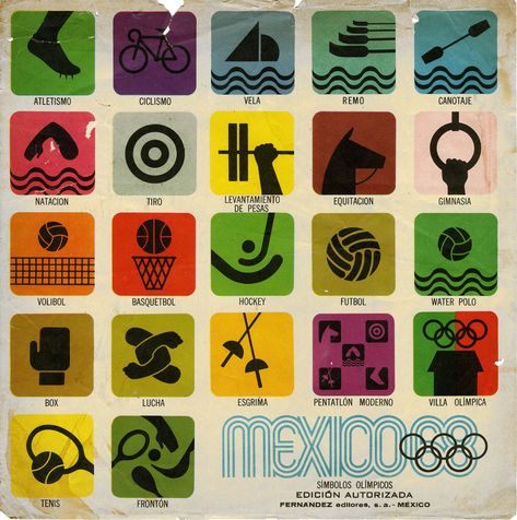 Mexico 1968 – Sports Pictograms - theolympicdesign – Olympic Design Webseite! Olympic Design, Olympic Icons, Mexico Olympics, Olympics Graphics, Olympic Logo, Pictogram Design, Olympic Village, Mexico Design, Map Icons