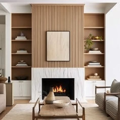 Fireplace In Small Room, Vertical Slat Fireplace Wall, Vertical Wood Fireplace Wall, Wood Feature Fireplace Wall, Lineal Fireplace Ideas, Fireplaces Flush With Wall, Applied Molding Fireplace, Entryway Fireplace Ideas, Basement Fireplaces Ideas