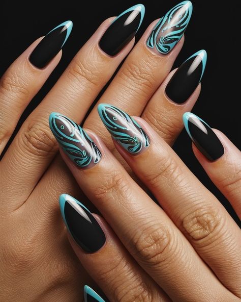 Turquoise Temptation: Elegance Meets Edge! 💎🖤 Embrace the perfect blend of bold and beautiful with these stunning turquoise and black nails! ✨💅 The striking contrast adds a touch of elegance while keeping things edgy and chic. Perfect for a night out or a stylish day at the office, these nails make a statement without saying a word! 💖🌌 Swipe for some serious inspo and let your nails do the talking! #turquoiseandblack #elegantnails #chicnailart #PrettyAndBold #nails #nailsnailsnails #art #fyp ... Turquoise And Black Nails, Nails With Turquoise, Long Black Nails, Chic Nail Art, Turquoise Nails, Turquoise And Black, Turquoise Accents, Beautiful Nail Designs, Elegant Nails