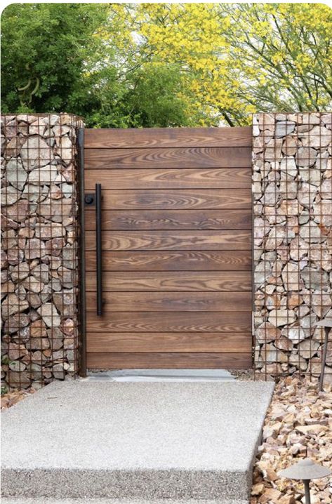 Gabion And Wood Fence, Stone And Wood Fence, Landscape Material Board, Wooden Fences And Gates, Modern Wood Gate, Modern Horizontal Fence, Wooden Gate Design, Backyard Fence Design, Natural Fences