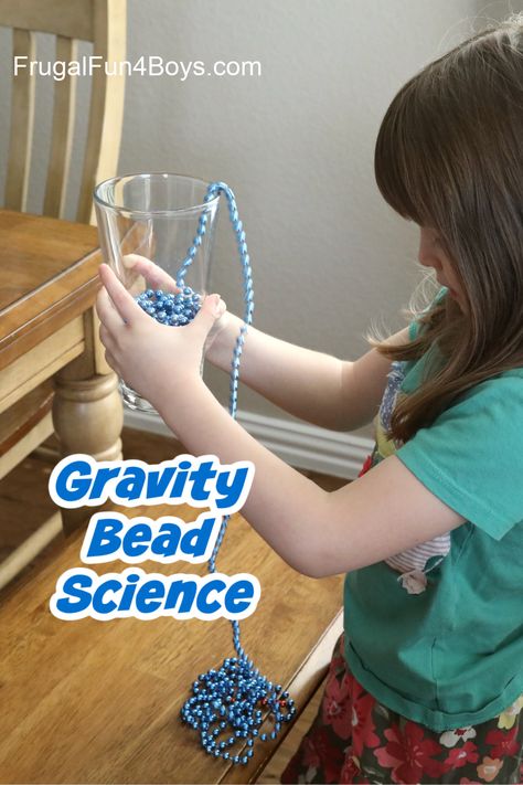 Cool Science! Anti-Gravity Beads - Frugal Fun For Boys and Girls Gravity Stem Activities Kindergarten, Preschool Gravity Experiments, Gravity For Kindergarten, Gravity Activities For Preschool, Mardi Gras Science Experiments, Motion Science Project, Gravity Experiments For Preschool, Gravity Preschool Activities, Gravity Projects For Kids