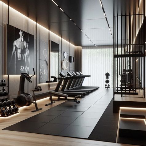 Transform your home gym with modern design. Sleek equipment and minimalist decor create a stylish, functional workout environment #HomeGym #LuxuryLiving #FitnessMotivation #GymDesign #HomeWorkout Gym Aesthetic Design, Contemporary Gym Design, Indoor Gym Ideas, Sport Room Design, Minimalist Gym Design, Gym Mirror Wall Design, Dark Home Gym, Gym Luxury Design, Modern Contemporary Mood Board