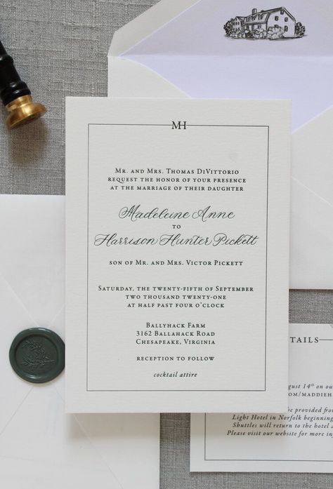 dark green letterpress wedding invitations with modern monogram and venue drawing Wedding Invitations Timeless, Wedding Invitations Dark Green, Dark Green Wedding Invitations, Invite Aesthetic, Realistic Wedding, Letters Calligraphy, Dark Green Wedding, Stationary Ideas, Etsy Invitations