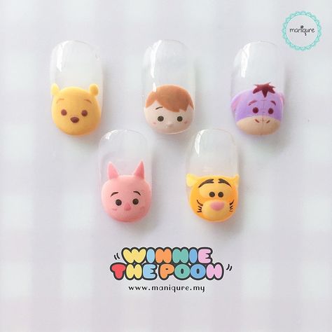 Piglet Nails Winnie The Pooh, Eeyore Nail Art, Winnie The Pooh Nails Simple, Tsum Tsum Nails, Piglet Nail Art, Winnie Pooh Nails, Piglet Nails, Eeyore Nails, Winnie The Pooh Nail Art