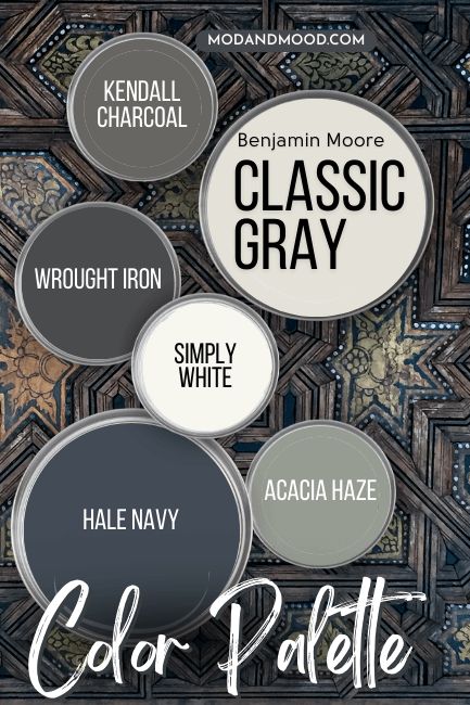 Classic Gray color palette features Classic Gray, Kendall Charcoal, Hale Navy, Wrought Iron, Acacia Haze, and Simply White, all on paint lids over a background of an elaborate multi-toned parquet floor. Benjamin Moore Classic Gray Color Palette, Classic Grey Color Palette, Gauntlet Gray Color Palette, Classic Gray Benjamin Moore Color Scheme, Classic Grey Coordinating Colors, Bm Classic Gray Color Palette, Grey Bathroom Accent Colors, Benjamin Moore Color Pallets, Covington Gray Benjamin Moore