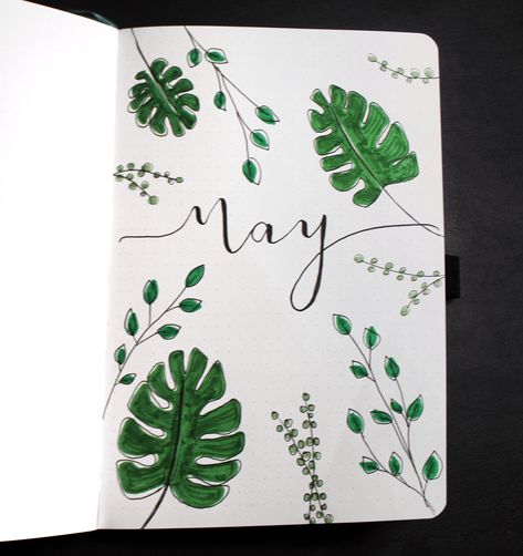 Leaves, Leaves, Leaves for May! #bulletjournal #may #titlepage #leaves #greens Bujo Mars, Cover Page For Project, Journaling 101, May Bullet Journal, Bullet Journal Headers, Leaves Doodle, Creative School Project Ideas, Kawaii App, Journal Inspiration Writing