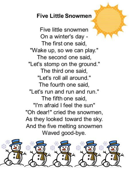 5 Little Snowmen Poem, 5 Little Snowmen Fingerplay, Five Little Snowmen Poem, One To One Counting Preschool, Snowman Songs For Preschool, Winter Songs For Kindergarten, 5 Little Snowmen Song, Winter Preschool Circle Time Activities, Winter Fingerplays For Preschoolers