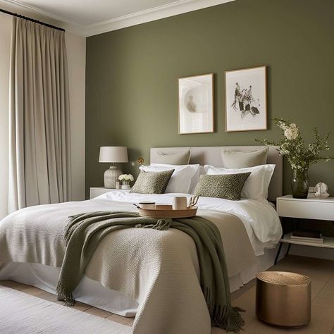 Olive Green Small Bedroom, Olive Colour Bedroom, Cream Walls With Green Accent Wall, Light Olive Bedroom, Olive Green Bedroom Panelling, Beige And Olive Green Bedroom, Olive Green Apartment, One Wall Painted Bedroom, Olive Green Feature Wall