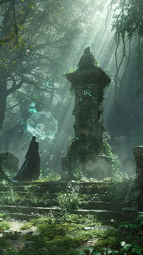 Mystical Forest Scene: A cloaked figure casts a magical spell near an ancient, moss-covered stone monument in a mystical forest. #mystical #forest #magic #cloak #figure #aiart #aiphoto #stockcake ⬇️ Download and 📝 Prompt 👉 https://ayr.app/l/Qc4j Nature, Mystical Fantasy Art, Mystical Forest Creatures, Ancient Magic Aesthetic, Statue In Forest, Fairy Magic Mystical Forest, Mystical Forest Aesthetic, Magic Forest Art, Forest Moodboard