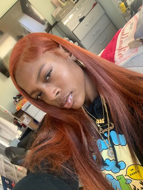 Light Skin Hair Dye, Straight Ginger Hair Black Women, Ginger Clip Ins, Ginger Leave Out, Ginger On Brown Skin, Reddish Ginger Hair, Dyed Hair Inspiration For Dark Skin, Ginger On Dark Skin, Red Brown Hair Black Women