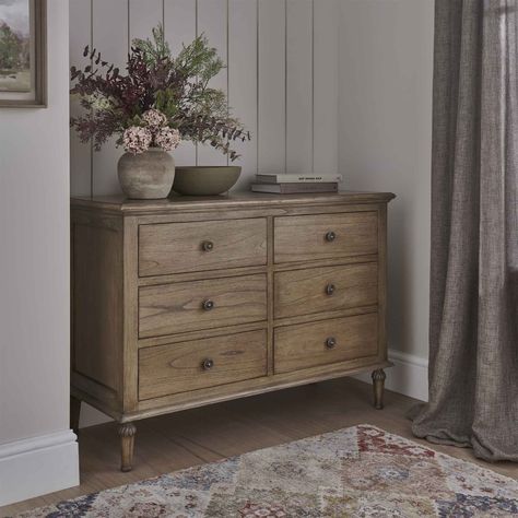 6 Drawer Chest Of Drawers, Antique Pine Chest Of Drawers, Chest Of Drawers Next To Bed, Bedroom Chest Of Drawers Styling, Chest Of Drawers In Bedroom, French Cottage Interiors, Master Living Room, Chest Of Drawers Styling, Chunky Furniture