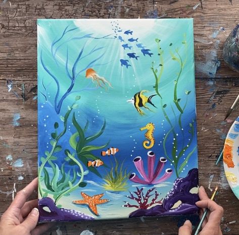 Under The Sea Painting - Step By Step Acrylic Tutorial For Beginners Under The Sea Drawings, Underwater Drawing, Sea Drawing, Ocean Drawing, Underwater Painting, Sea Life Art, Under Sea, Underwater Art, Acrylic Painting Tips