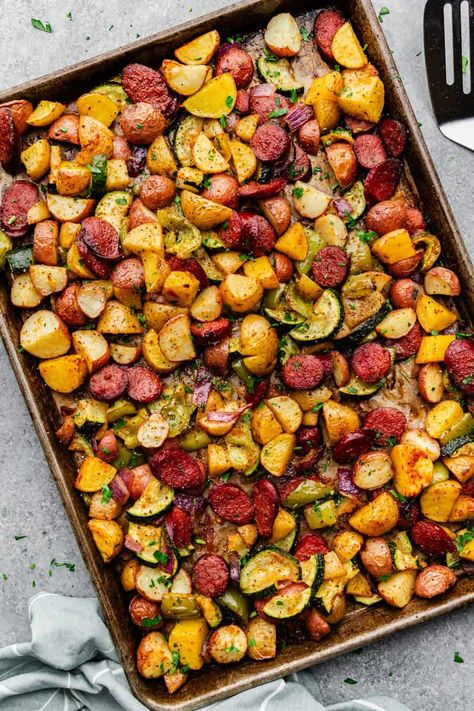 Sausage And Squash Sheet Pan, Fall Sausage And Veggie Sheet Pan, Chorizo Sheet Pan Dinner, Sheet Baked Veggies, Sausage And Peppers Meal Prep, One Pan Sausage And Veggies And Potatoes, Vegetable Sheet Pan Dinners, Italian Sausage One Pan Dinner, Sausage Potato And Broccoli Sheet Pan