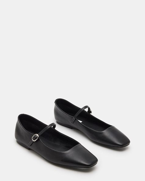 MAPLE Black Leather Mary Jane Ballet Flat | Women's Flats – Steve Madden Mary Jane Flats Outfit, Kitten Heel Slingbacks, Ballet Flats Outfit, Mary Jane Ballet Flats, Fall Capsule Wardrobe, Leather Socks, Leather Wear, Black Ballet Flats, Womens Ballet Flats