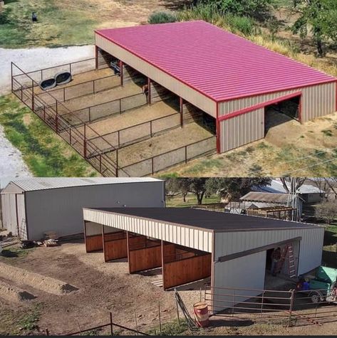 Horse Barn With Indoor Arena, Diy Stables For Horses, Horse Barn Designs Layout, Horse Stable Ideas, 4 Stall Horse Barn, Pasture Shelter, Cattle Facility, Cow Barn, Feed Room