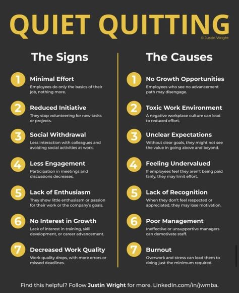 Quiet Quitting, Good Leadership Skills, Business Infographics, Job Advice, Leadership Management, Work Skills, Leadership Tips, Business Leadership, Leadership Coaching