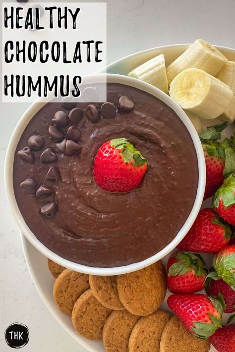 This chocolate hummus is sweet, rich, and delicious! Serve this dessert hummus on Valentine's Day or date night with strawberries for the ultimate tasty snack or treat. Chocolate Hummus Recipes, Good Snacks For Kids, Dark Chocolate Hummus, Brownie Batter Hummus, Refined Sugar Free Desserts, Chocolate Hummus, Dessert Hummus, Easy Snacks For Kids, Hummus Dip