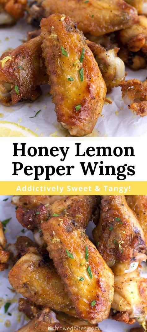 These Honey Lemon Pepper Wings are ultra-crispy on the outside, perfectly juicy on the inside, and covered in a sweet and tangy honey lemon pepper sauce. They the perfect baked chicken wing for parties, game day, or pizza night. Plus we’ve included reheating instructions so you can have crispy chicken wings over and over. Oven Baked Lemon Pepper Wings, Lemon Pepper Wings Oven, Honey Lemon Pepper Sauce, Honey Lemon Pepper Wings, Lemon Pepper Sauce, Wings Recipes, Crispy Baked Chicken Wings, Wing Sauce Recipes, Lemon Pepper Wings