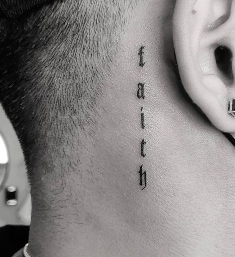 Faith Neck Tattoo Men, Passion Tattoo Word, Behind The Ear Tattoo Ideas For Men Guys, Neck Tattoos Side, Neck Word Tattoo, Neck Tats For Men, Faith Tattoo Men, Behind The Ear Tattoo Ideas For Men, Side Neck Tattoos For Men