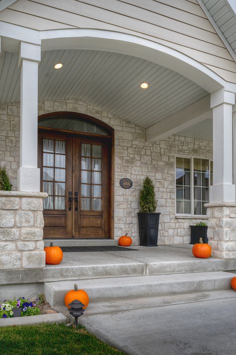 Light Stone House Exterior, Brick And Stone House Exterior, Tan House Exterior, Front Porch Stone, Stone Veneer Exterior, Beach 2023, Austin White, Tan House, Stone Porches