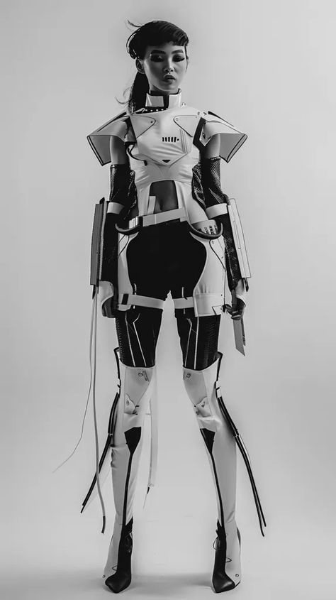 Full Color Image in ai-img-gen.com 🔸 a black and white female model standing confident wearing a fashionable futuristic outfit --ar 9:16 ... 🔸 From Midjourney AI Image High Contrast Photos, Model Standing, Serious Expression, Meet The Robinson, Black And White Outfit, Witch House, Futuristic Fashion, Avant Garde Fashion, White Image