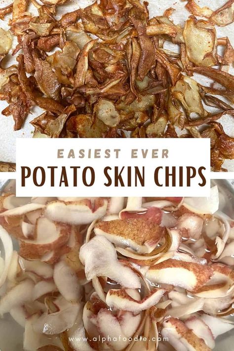 Enjoy these homemade baked potato chips with a twist - they are potato skin chips! Enjoy reducing waste and saving money with these super-crispy, flavorful, roasted potato peels. Plus, this recipe is gluten-free, dairy-free, and vegan! Peeled Potato Skins Recipe, Baked Potato Peels, Potato Skin Chips, Homemade Potato Chips Recipe, Crispy Potato Skins, Chips Recipes, Potato Food, Potatoe Skins Recipe, Chip Recipes