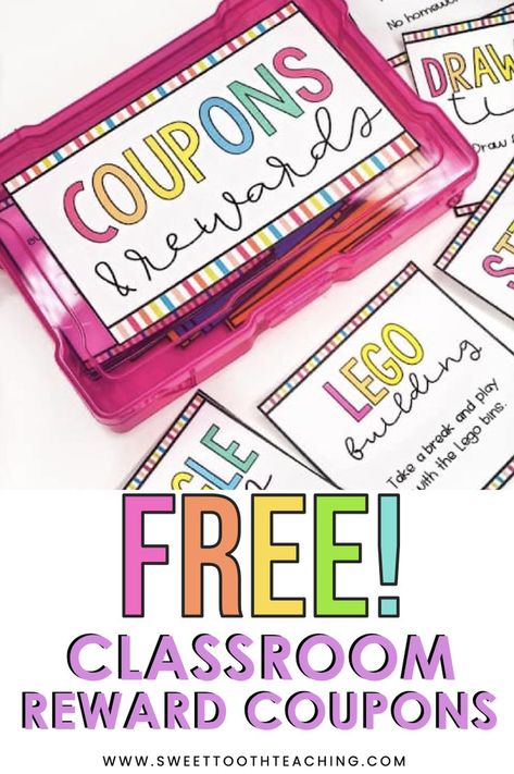 Download these FREE classroom reward coupons for your elementary classroom. These coupons give several easy reward ideas for you to use to manage student behavior, reward students for hard work or good choices, or to give your class a reward for working together as a team. However you want to celebrate your students, this free download for teachers will help. Classroom Dojo Rewards, Free Student Rewards, Free Classroom Rewards, Teacher Coupons, Classroom Reward Coupons, Classroom Management Rewards, Class Reward System, Classroom Money, Classroom Coupons